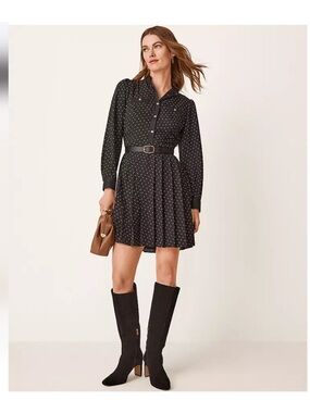 NWT Ann Taylor Black Polka Dot Long-Sleeve Shirtdress with Belt